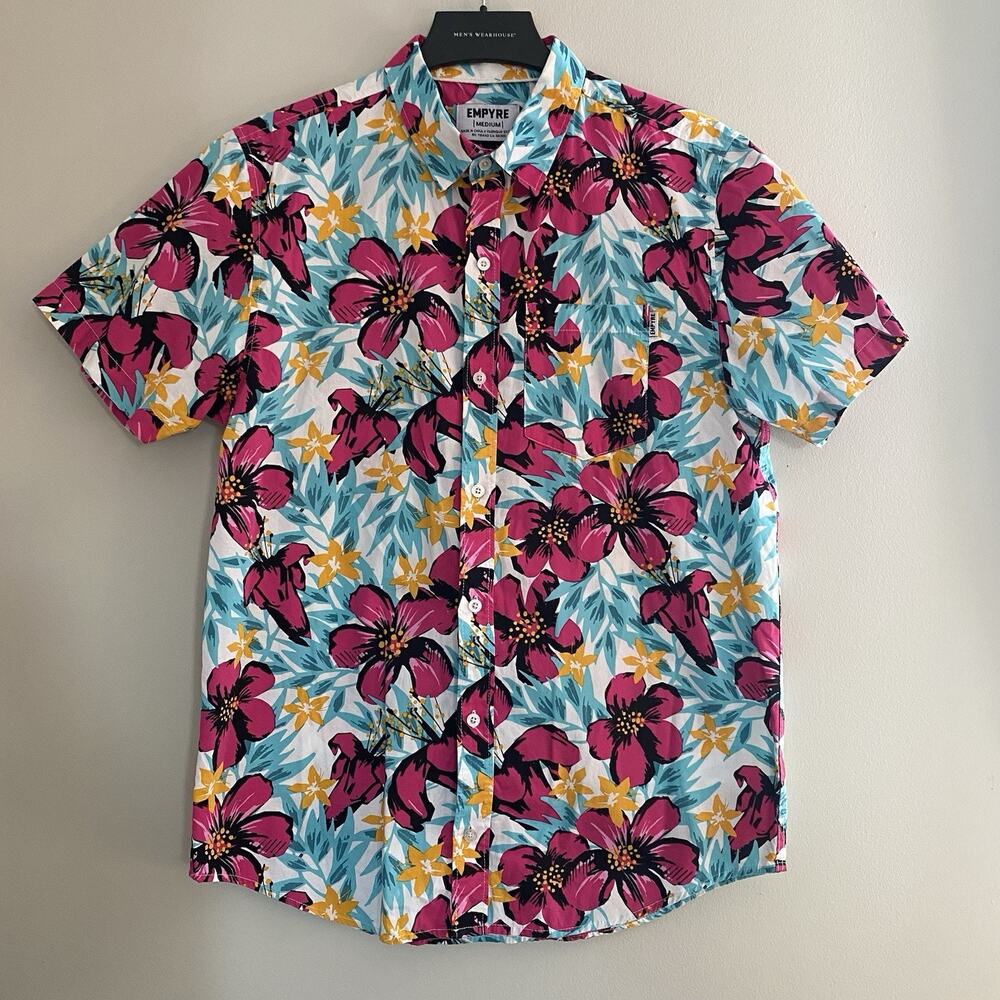 Empyre Short Sleeve Button Up Hawaiian Shirt Sz Medium Pink Yellow Blue Floral